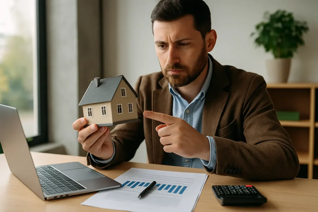 Investitore che osserva un modellino di casa mentre analizza documenti e grafici finanziari, rappresentazione del crowdfunding immobiliare.