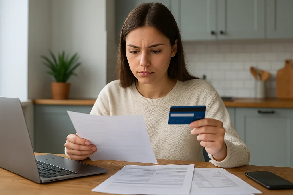 Giovane donna seduta a un tavolo mentre controlla documenti e carta di credito, rappresentando l’importanza dello storico di credito in Italia.