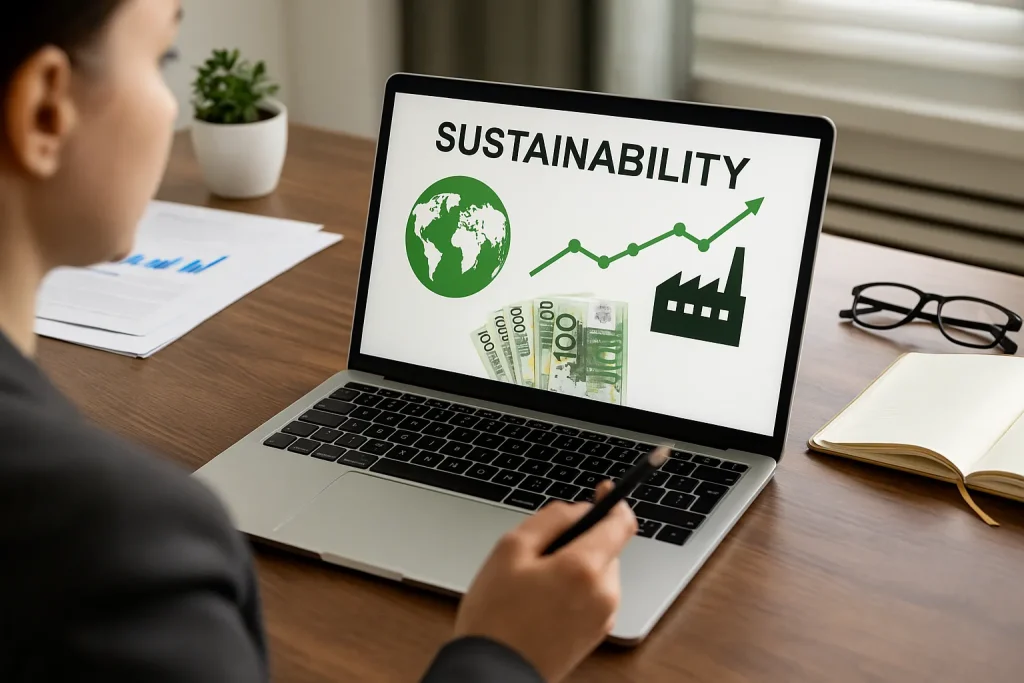 Donna professionista al computer che analizza dati finanziari legati all’investimento socialmente responsabile e ai criteri ESG.