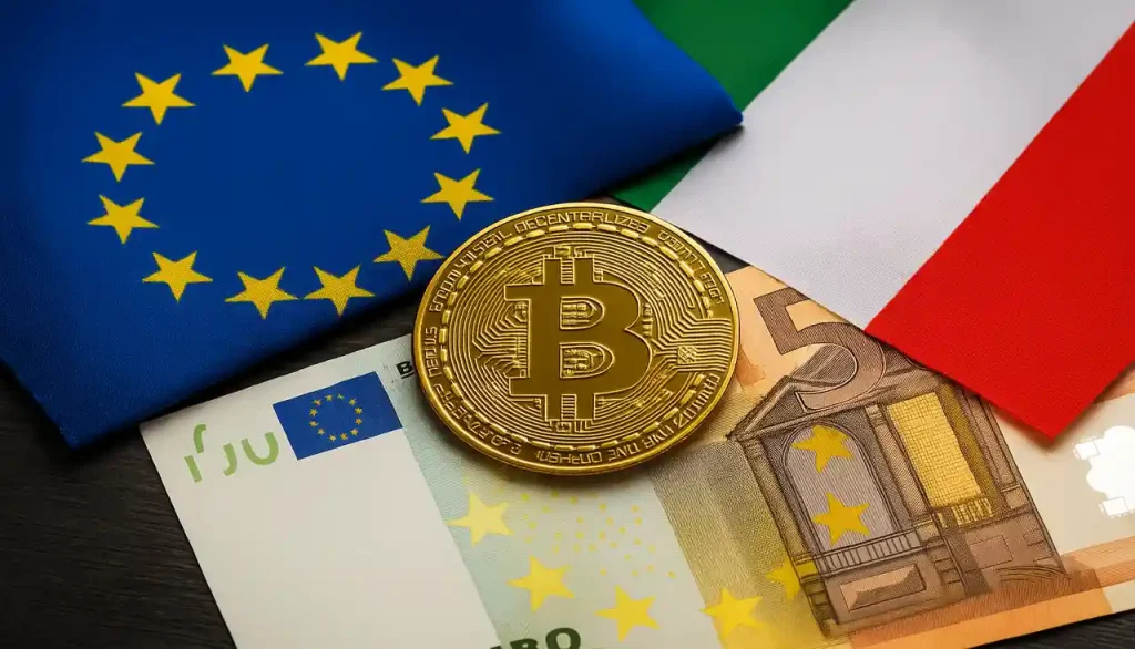 "Rappresentazione realistica di criptovalute con la bandiera italiana ed europea, simbolo della regolamentazione MiCA in Italia"