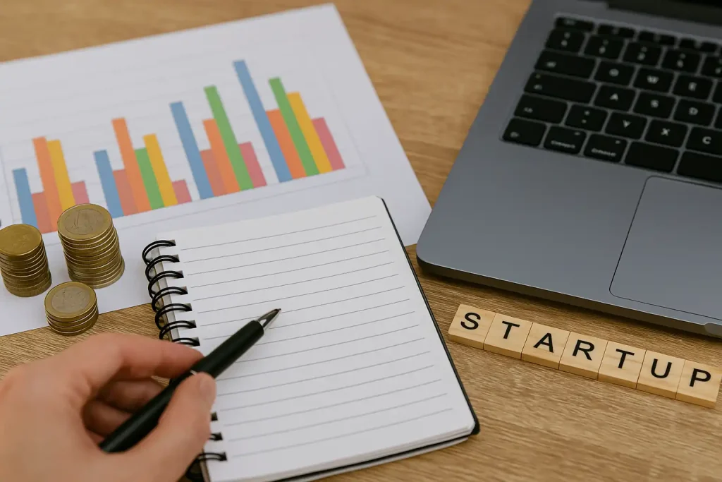 Analisi finanziaria con grafici, monete e laptop che rappresentano investimenti in startup italiane tramite equity crowdfunding.