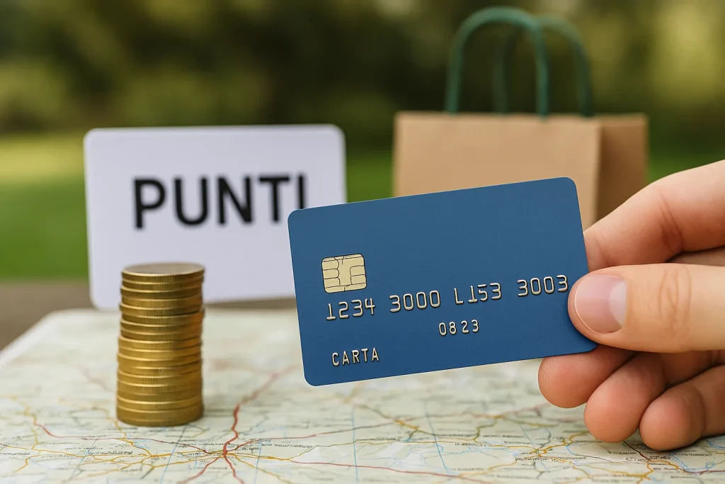 Carta di credito utilizzata in un contesto realistico con monete e simboli di premi, rappresentazione dei programmi fedeltà delle banche italiane.