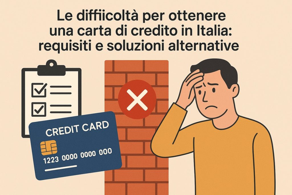 Illustrazione in stile piatto con sfondo beige che mostra a sinistra una clip board con una lista di requisiti spuntati e una carta di credito blu con la scritta “CREDIT CARD” e numeri fittizi, al centro un muro di mattoni con un grande simbolo di divieto rosso e una X bianca, a destra un giovane uomo preoccupato che si tocca la testa, mentre in alto si legge il titolo “Le difficoltà per ottenere una carta di credito in Italia: requisiti e soluzioni alternative”.